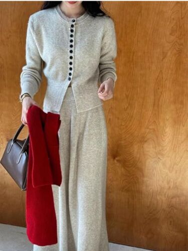 Alpaca Wool Beige/White Cozy Knit 2 Piece Skirt And Sweater Set