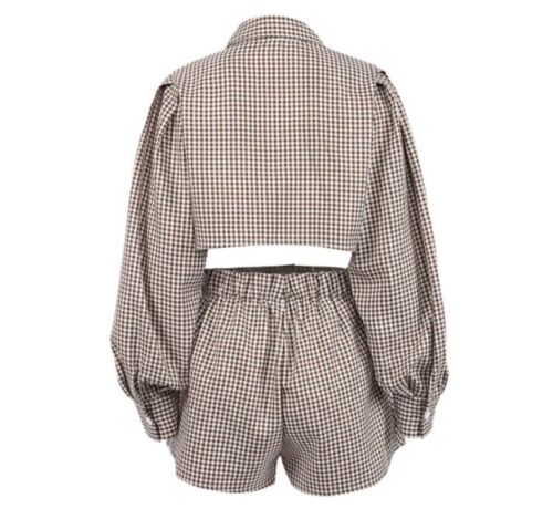 Brown And White Plaid Matching Top And Shorts