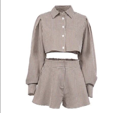 Brown And White Plaid Matching Top And Shorts