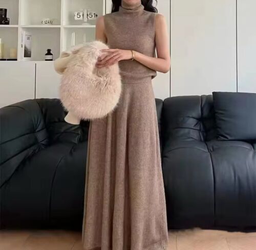 Brown Cashmere Cozy 3 Piece Skirt, Top And Cardigan Knit Set