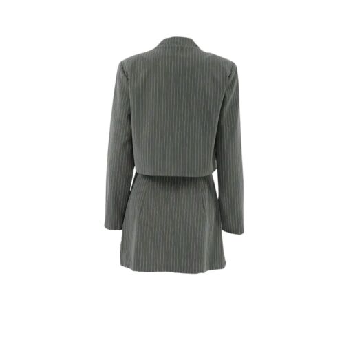 Grey Striped Matching Pleated Skirt And Long Sleeves Jacket Size S