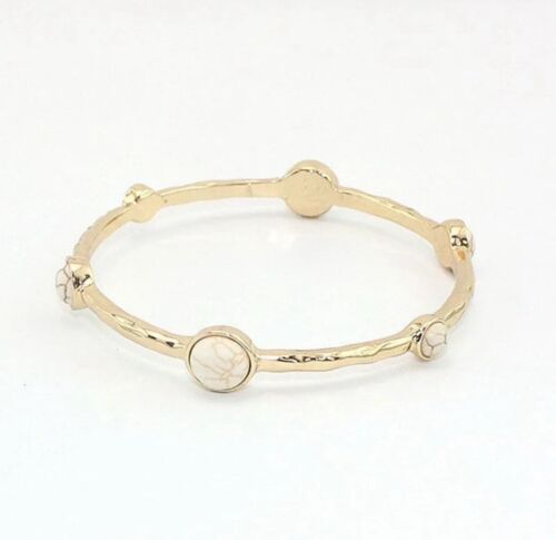 Gold Plated White Natural Stones Bangle Bracelet