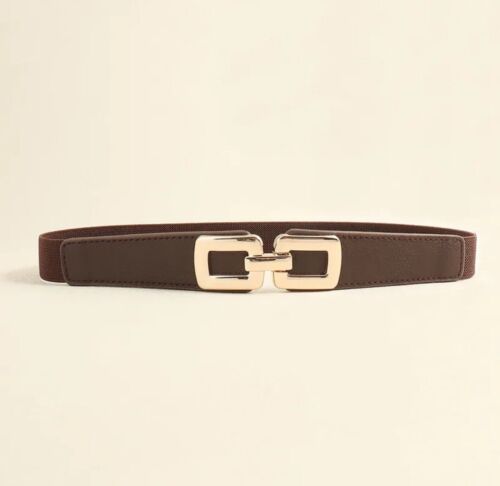 Brown  And Gold Square Buckle Adjustable Elastic Band Women’s Belt