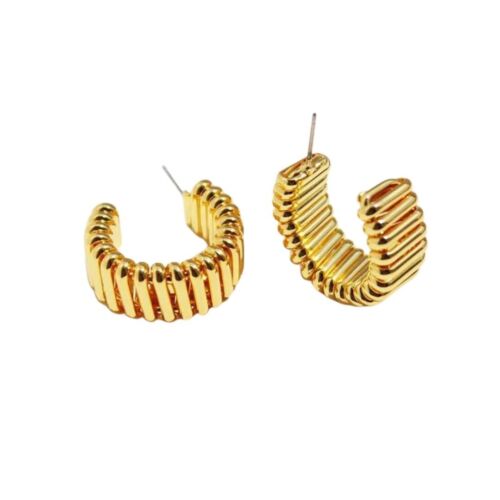 18k Gold Plated C Shaped Striped Style Hoop Earrings