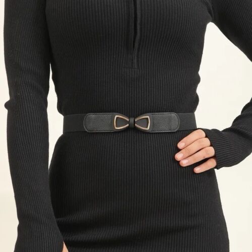 Black And Gold Bow Shape Buckle Adjustable Stretchy Band Women’s Belt