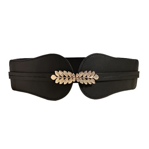 Black And Gold Leaf Buckle Adjustable Elastic Band Women’s Belt