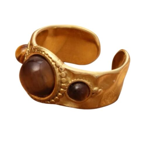 Gold Plated Titanium Steel Brown Stones Resizable Ring