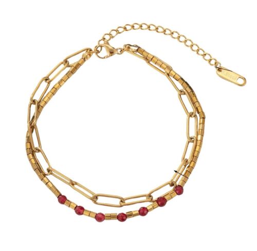 Gold Titanium Steel And Red Natural Stones Bracelet