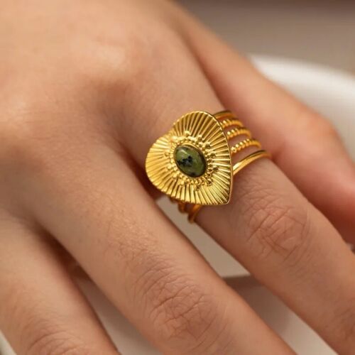 Gold Heart Green Stone Stainless Steel Adjustable Ring