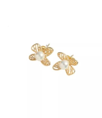 14k Gold Plated Copper Pearl Flower Stud Earrings