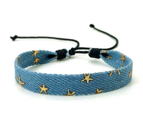 Light Blue Woven Denim Gold Stars Adjustable Bracelet