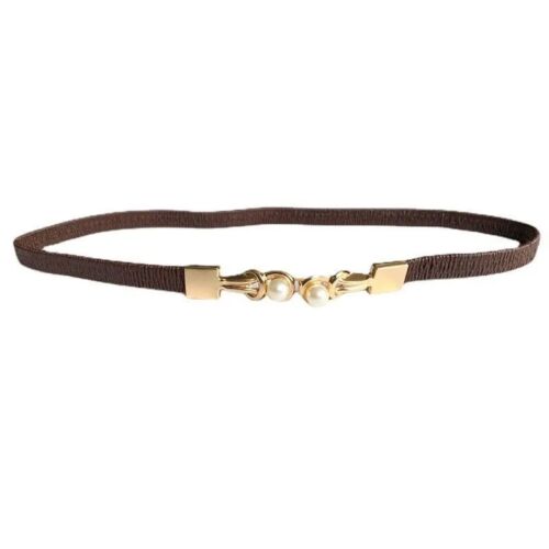 Brown And Gold Pearl Round Buckle Adjustable Thin Elastic Band Women’s Belt