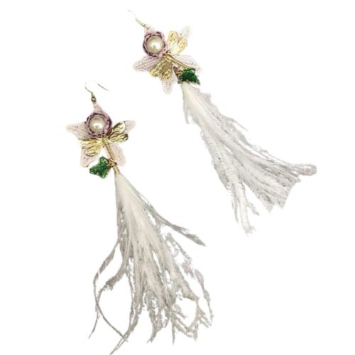 Light Pink Faux Feathers, Lace And Pearl Flower Drop Earrings