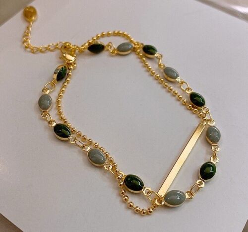 Gold Plated Black And Green Beaded Bracelet