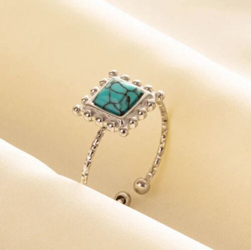 Silver Stainless Steel Turquoise Blue Adjustable Vintage Style Ring