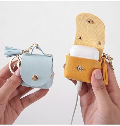 Beige Faux Leather Earphone Cover Case Protector For Airpods 1/2 Keychain