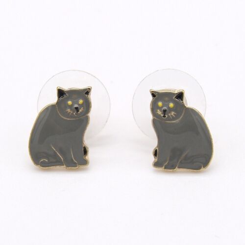 Gold And Enamel Grey Scotch Fold Cat Stud Earring