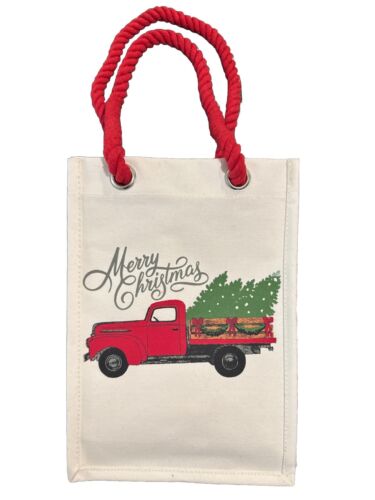 White Cotton Canvas Christmas Tree Red Truck Wine Bottles Tote Bag