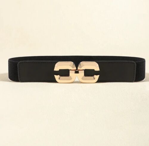 Black And Gold Rounded Edges Square Buckle Adjustable Elastic Band Women’s Belt