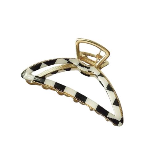 Black And White Curved Acetate Checks Pattern With Gold Details Hair Claw