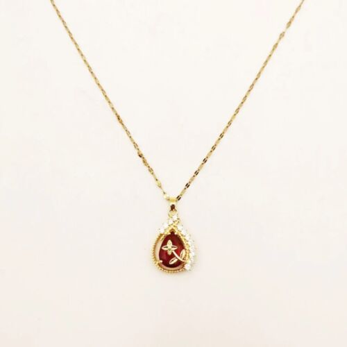 Gold Plated Stainless Steel Chain With Floral Red Glass Stone Pendant Necklace