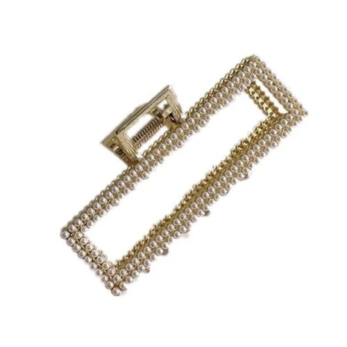 Rectangular Gold Metal Double Row Pearls Hair Claw