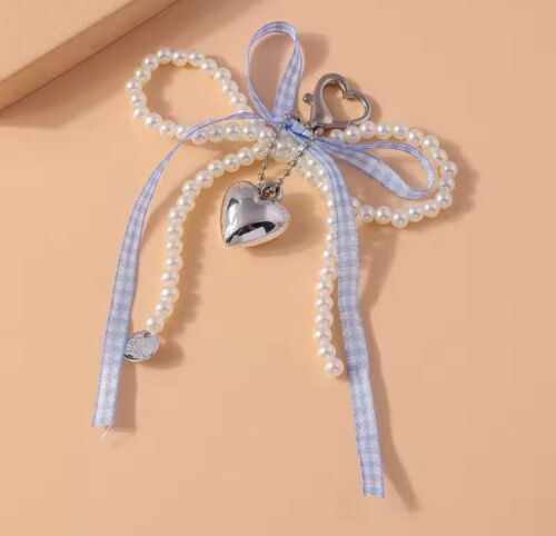 White And Plaid Blue Beaded Bow And Silver Heart Charm Keychain