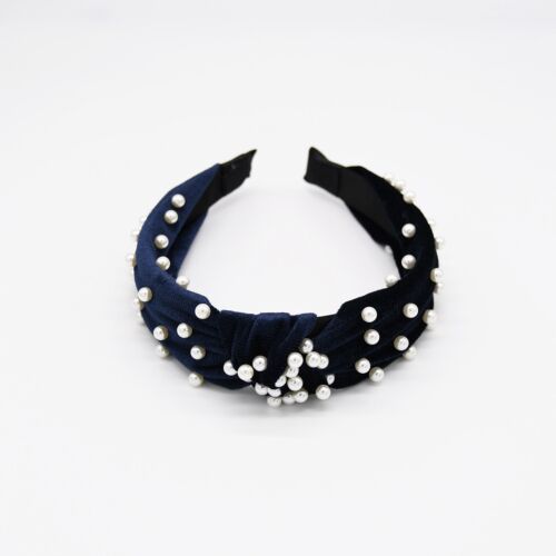 Navy Blue Soft Velvet Pearl Knot Headband/Hairband