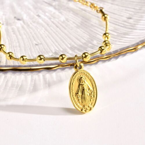 Gold Plated Virgin Mary Pendant Stainless Steel Rosary Style Chain Bracelet