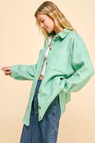 Mint Green Fuzzy Textured Button Up Long Shirt Jacket/Shacket Size S