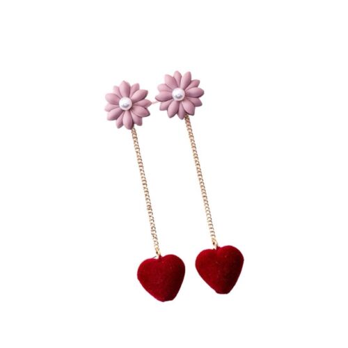 Pink Floral Red Heart Drop Gold Chain Earrings