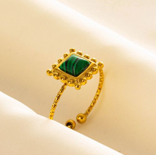 18k Gold Stainless Steel Plated Green Stone Adjustable Vintage Style Ring