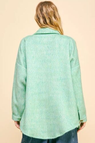 Mint Green Fuzzy Textured Button Up Long Shirt Jacket/Shacket Size S