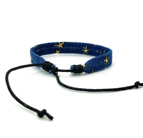 Dark Blue Woven Denim Gold Stars Adjustable Bracelet