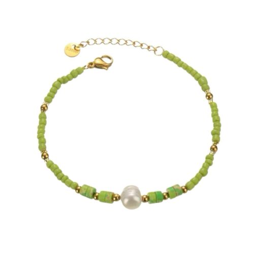 Gold Titanium Steel, Pearls And Green Natural Stones Bracelet