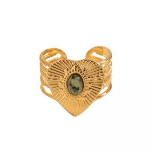 Gold Heart Green Stone Stainless Steel Adjustable Ring