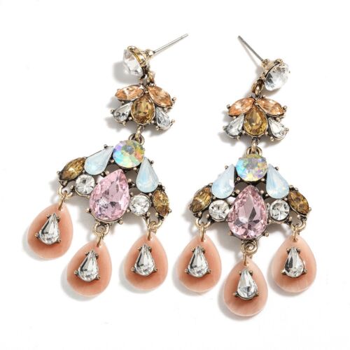 Pink And Beige Rhinestones Chandelier Teardrop Earrings