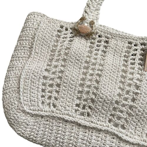 White Handmade Crochet With Beaded Crab Charm Beach Bag