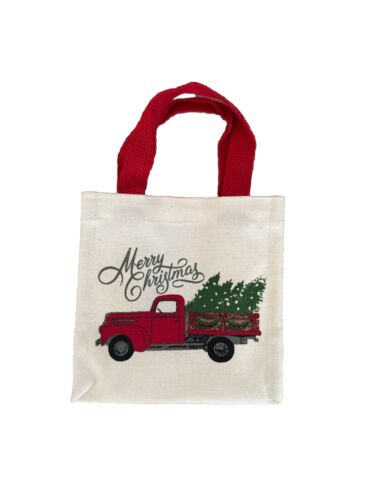 Beige Cotton Canvas Christmas Tree Red Truck Mini Tote Bag