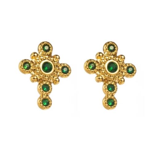 Gold Plated Stainless Steel Vintage Style Cross With Green Stones Stud Earring