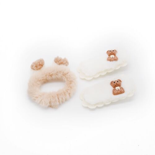 Beige And White Bear 3 Piece Hair clip /Hairpiece Set