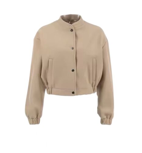 Beige Priest Collar Style Snaps Bomber Jacket Size S