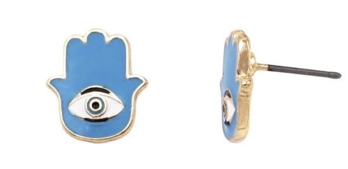 Gold And Enamel Blue Hamsa Stud Earring