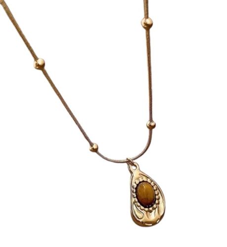 Gold Plated Titanium Steel Chain With Tiger Eye Stone Pendant Necklace