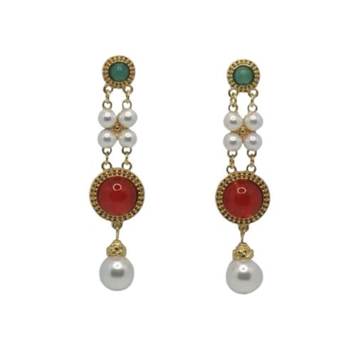 Multicolored Round Stones And Pearls Drop Earrings