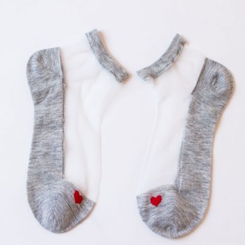 Grey Cotton And Sheer Heart Ankle Socks