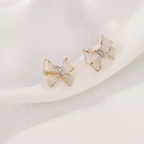 White Enamel And Gold Plated Bow Stud Earring