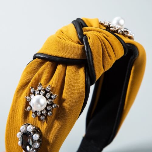 Mustard Headband/Hairband, stud Rhinestones And Pearls knot headband