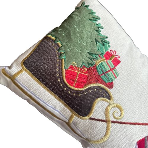 White Santa Christmas Cart Embroidered Pillow