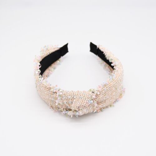 Pink And White Fringed Tweed Look Knot Headband